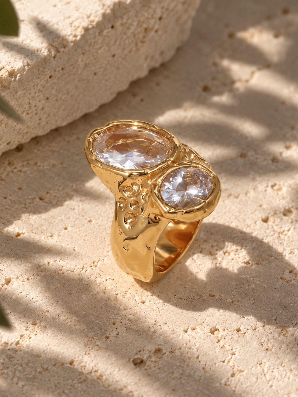 Gold Double-Crystal Statement Ring - Clear Stones